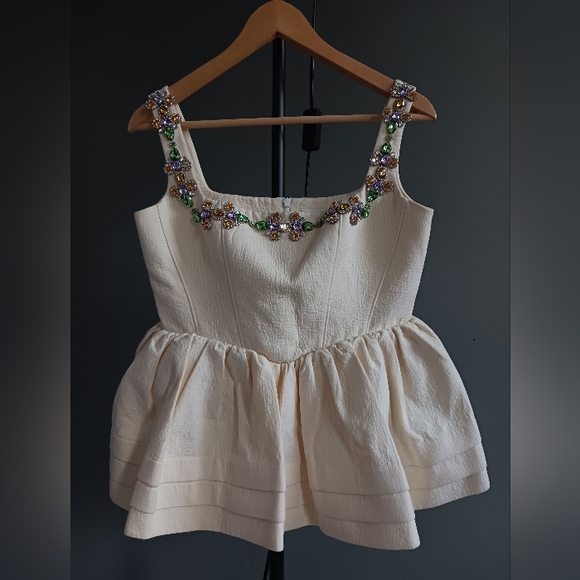 ShuShu Tong Ivory Tank Top, Blouse, Embelished Peplum Crepe Size 10 - Picture 1 of 15